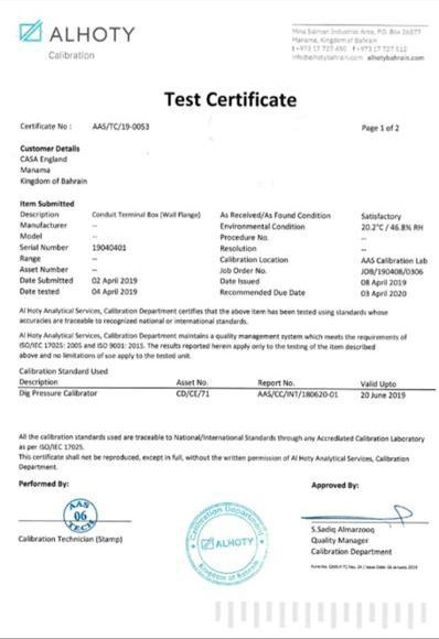 Casa England Terminal Conduit Box (Black Housing) — test certificate 1 of 2