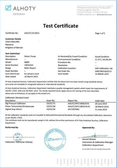 Casa England 0.5 HP Water Pump — test certificate 1 of 2
