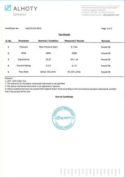 Casa England 0.5 HP Water Pump — test certificate 2 of 2